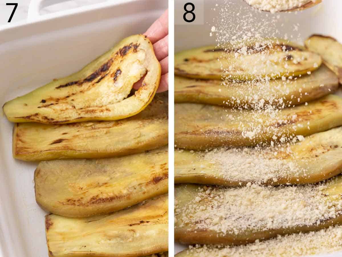 Set of two photos showing eggplant slices and breadcrumbs added to a baking dish.