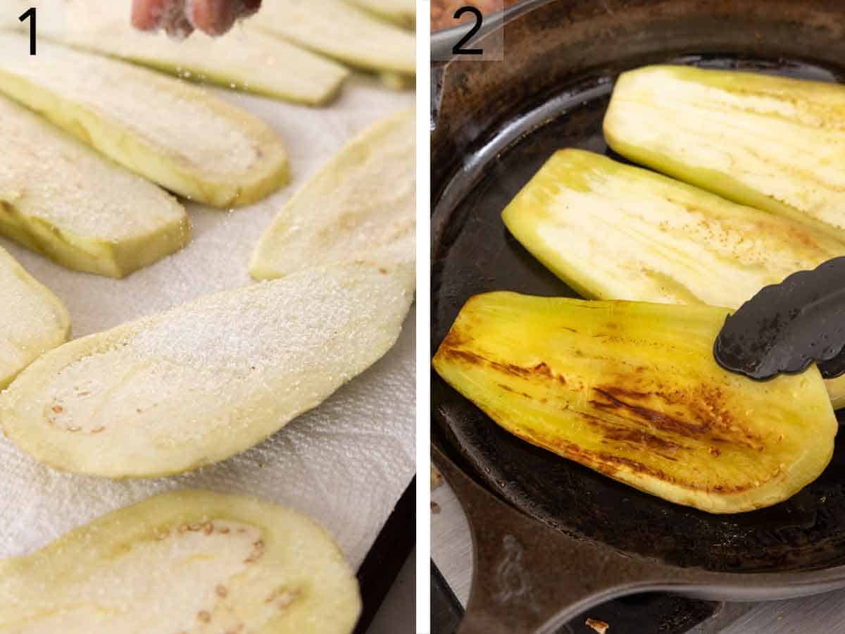 Set of two photos showing eggplant salted and seared.