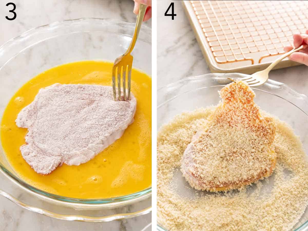 Set of two photos showing pork dipped in beaten eggs and then coated in panko breadcrumbs.