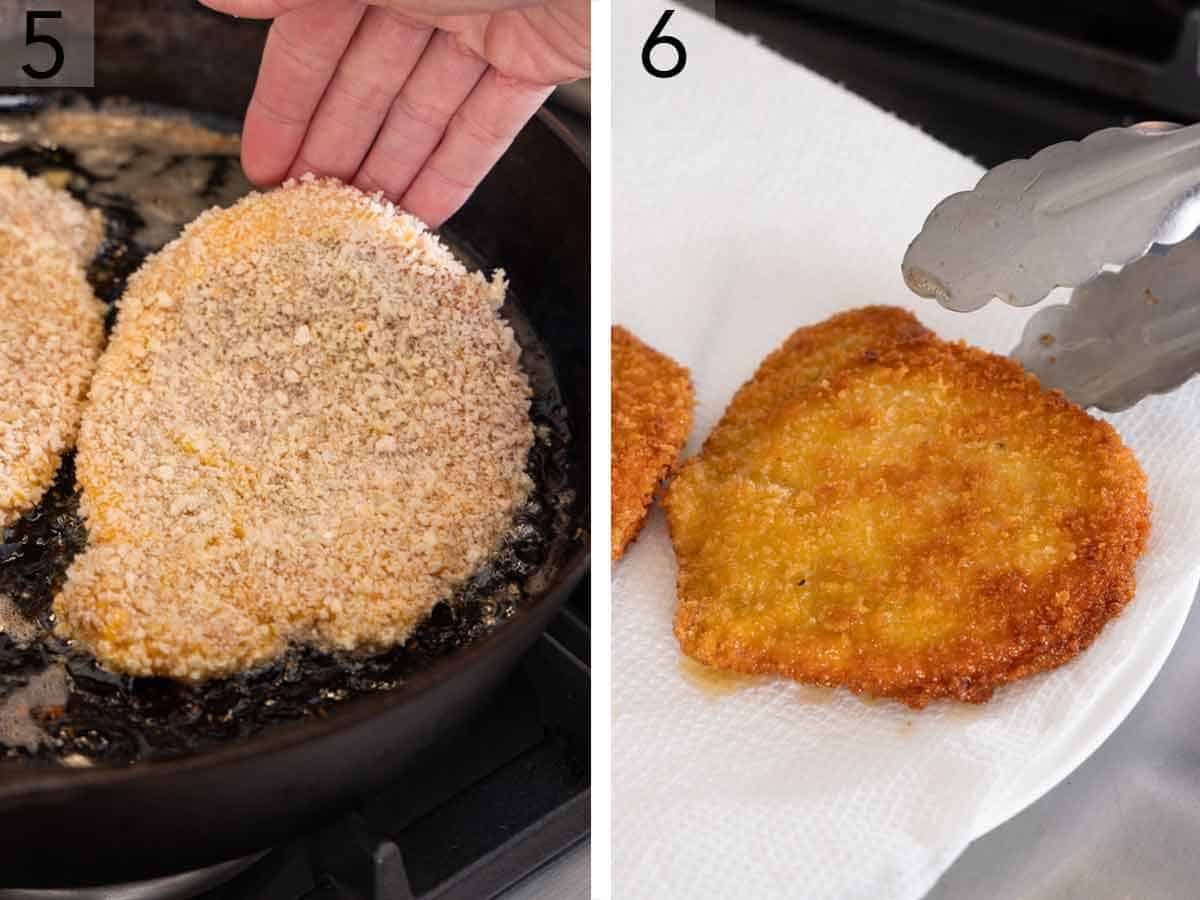 Set of two photos showing pork schnitzel added to a skillet of hot oil then placed on a paper towel.