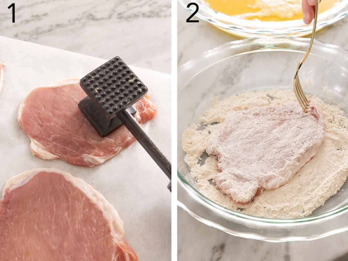 Set of two photos showing pork chops pounded flat with a mallet and coated in flour.