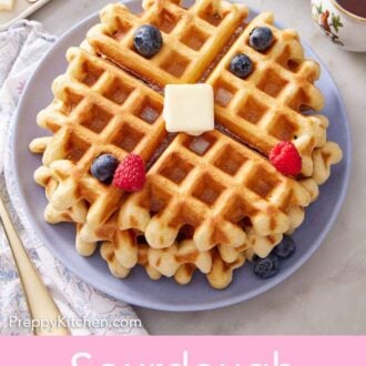 Pinterest graphic of a plate with a stack of sourdough waffles with syrup, butter, and berries on top.