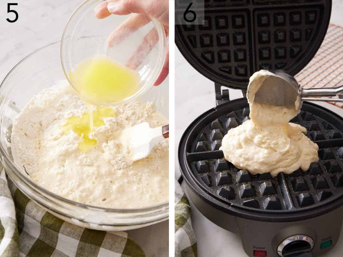 Set of two photos showing melted butter added to the batter and scooped into a waffle iron.