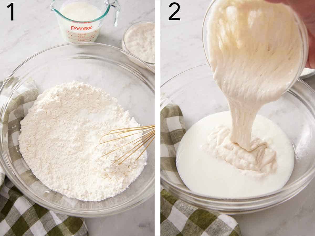 Set of two photos showing dry ingredients whisked and sourdough discard added to buttermilk.