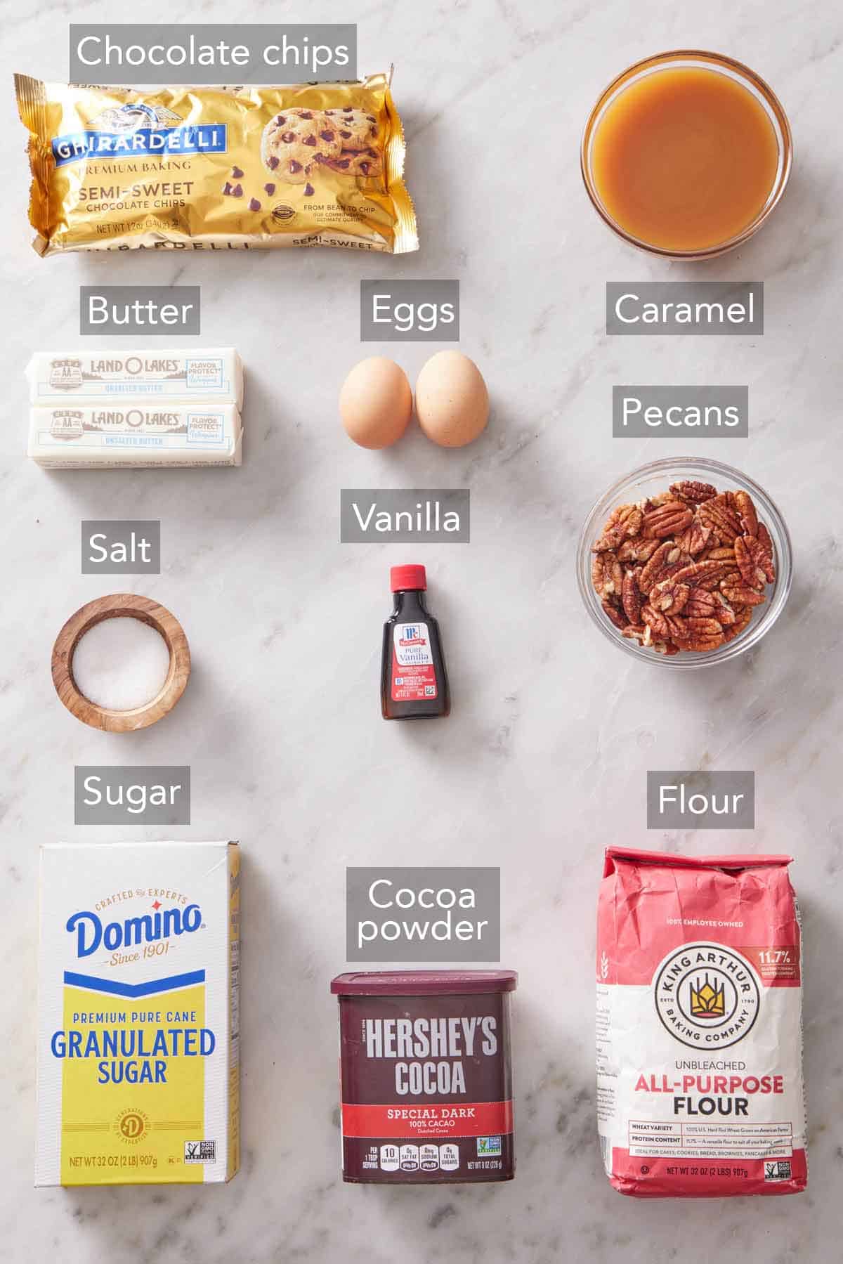 Ingredients needed to make turtle brownies.