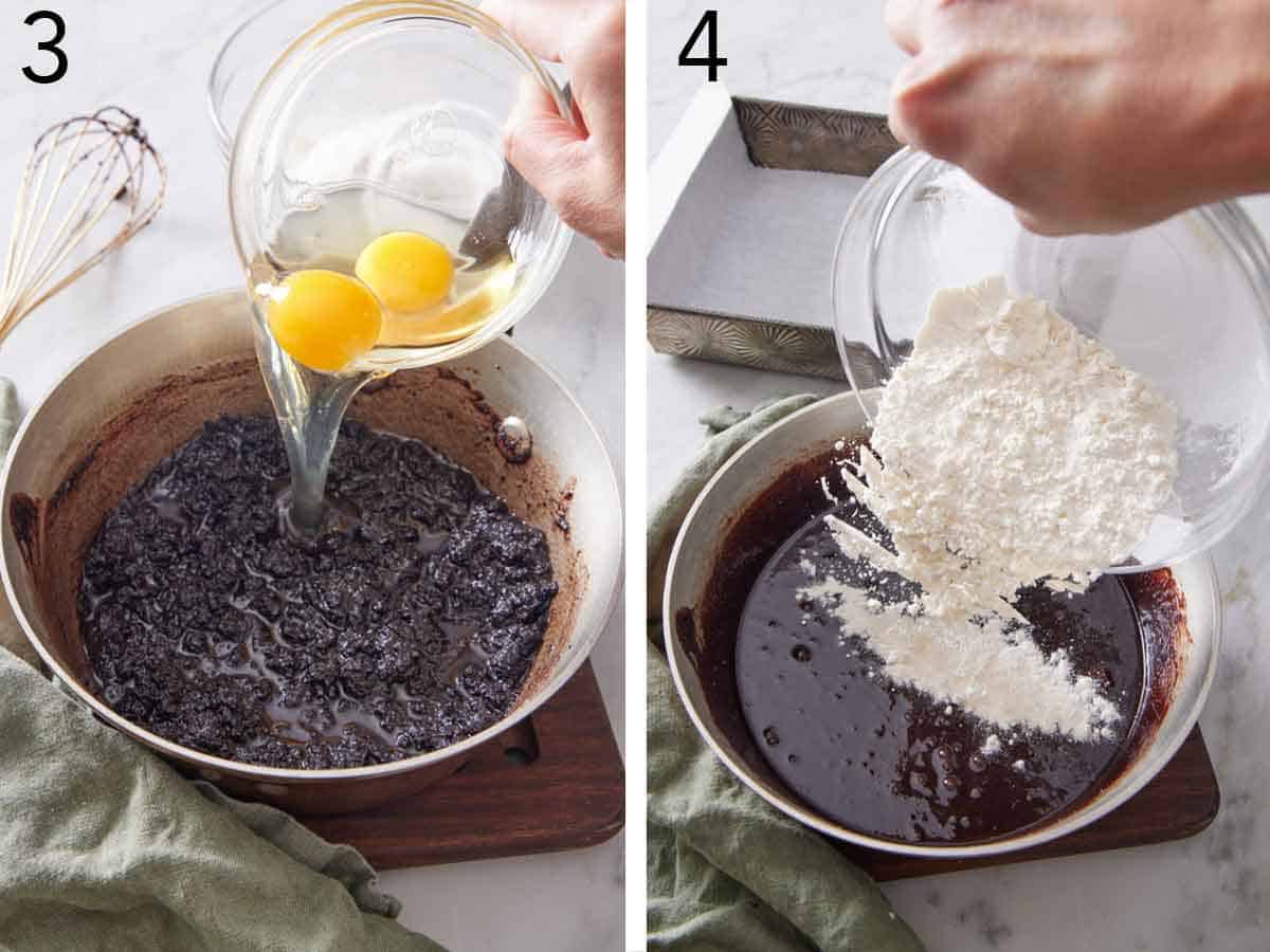 Set of two photos showing eggs and flour added to the pot.