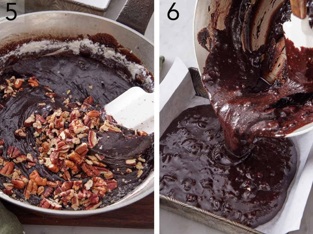 Set of two photos showing pecans folded into the batter and poured into a baking dish.