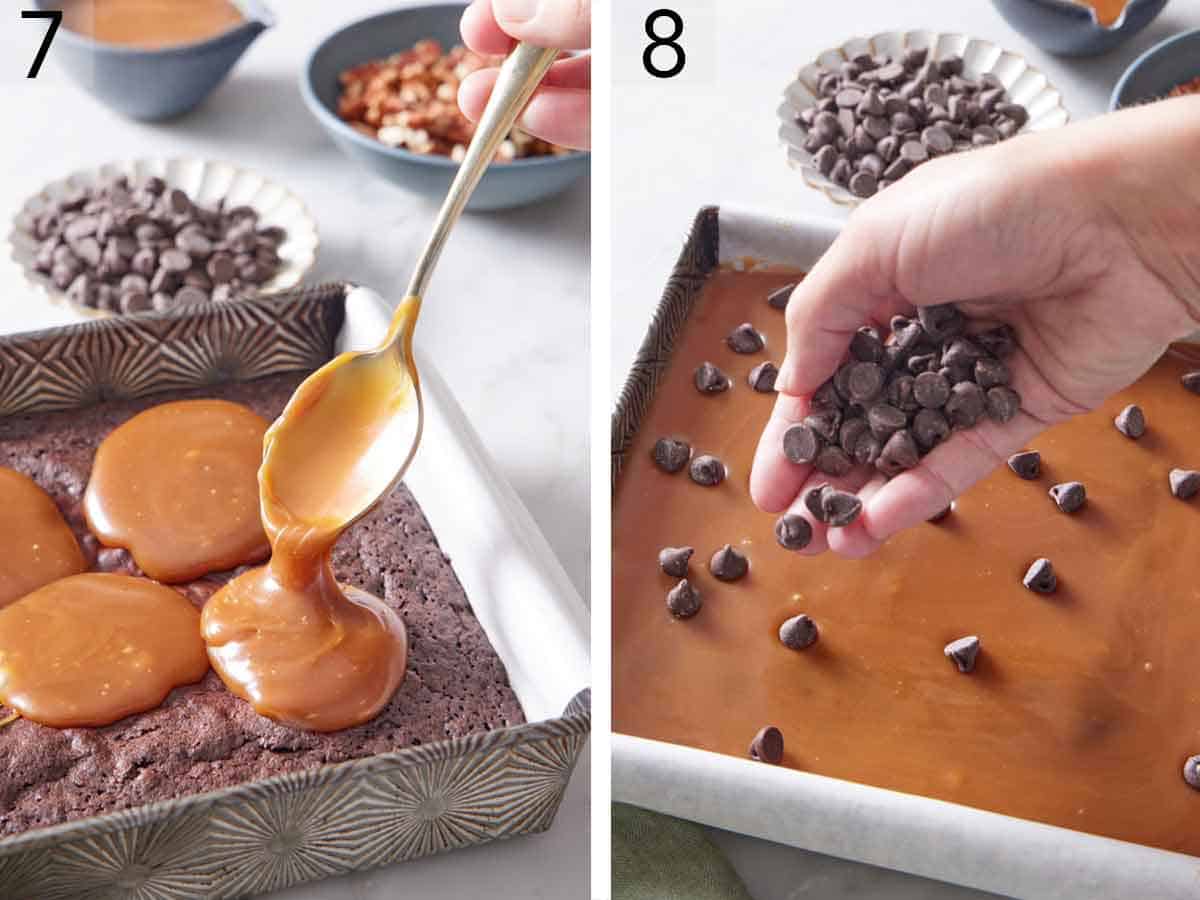 Set of two photos showing caramel sauce and chocolate chips added to the brownies.