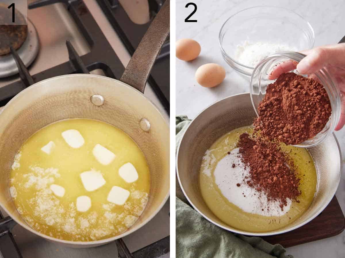 Set of two photos showing butter melted in a pot and cocoa powder added.