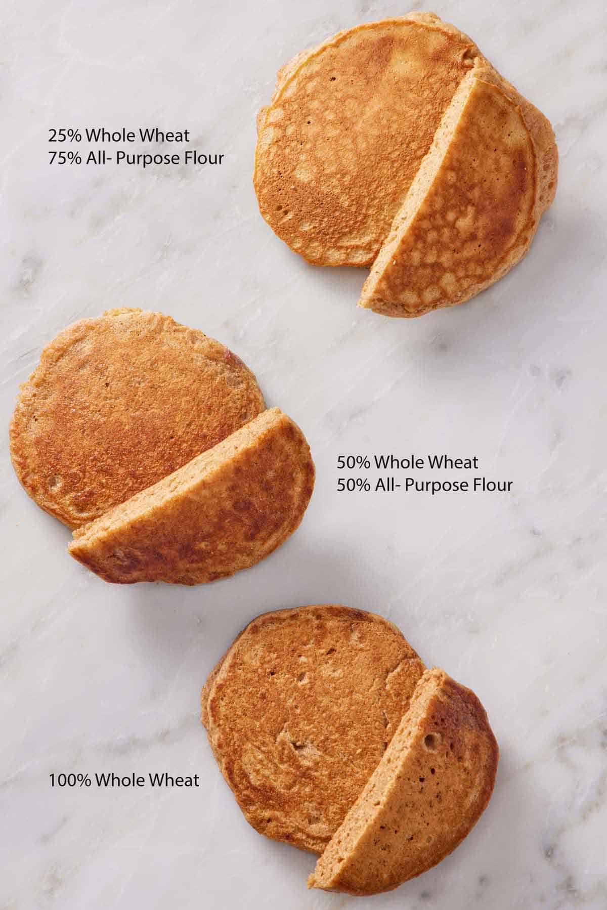 Three samples of whole wheat pancakes showing the interior with different percentages of whole wheat flour used.