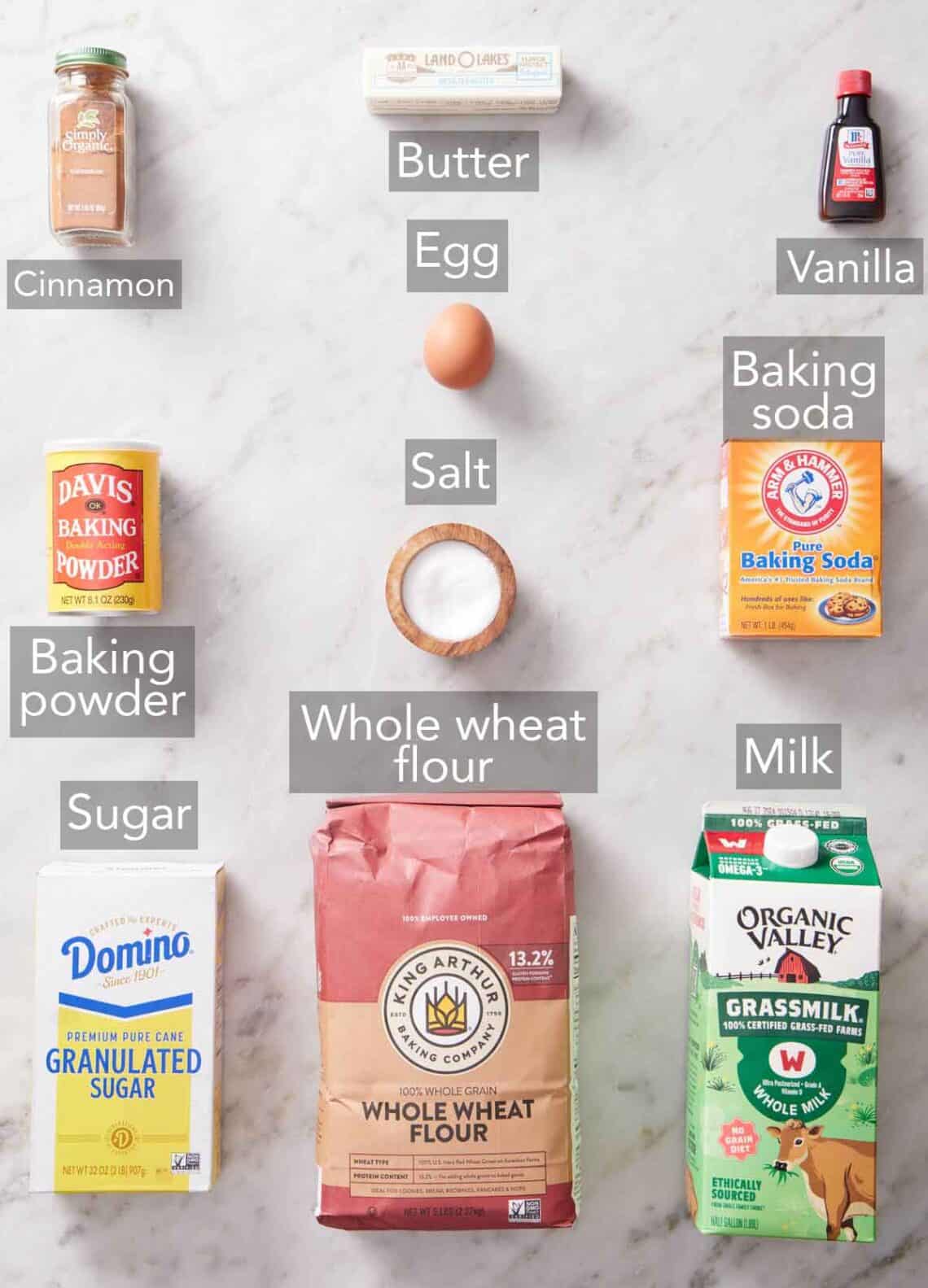 Ingredients needed to make whole wheat pancakes.