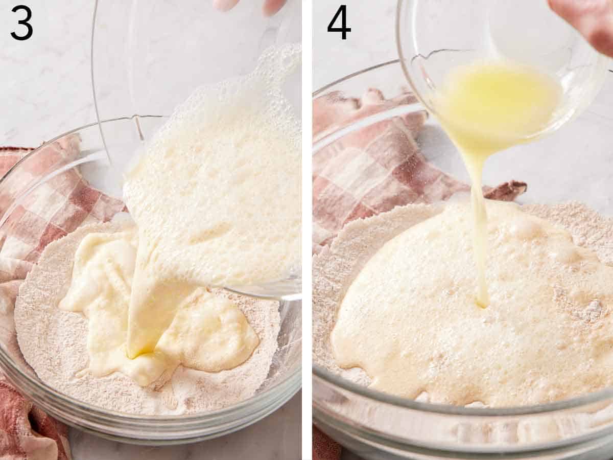 Set of two photos showing wet ingredients added to the dry ingredients and melted butter added.