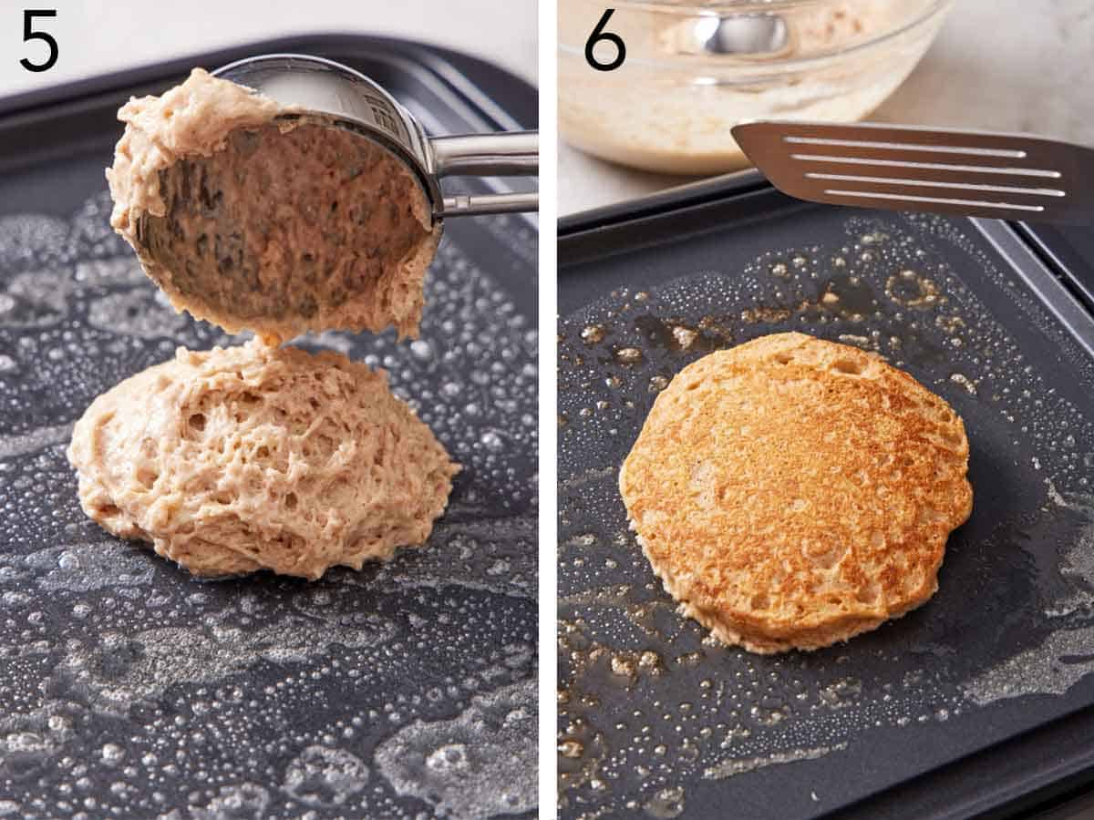 Set of two photos showing pancake batter added to a griddle then flipped.