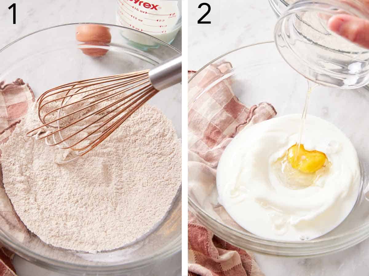 Set of two photos showing dry ingredients whisked in a bowl and wet ingredients combined in another bowl.