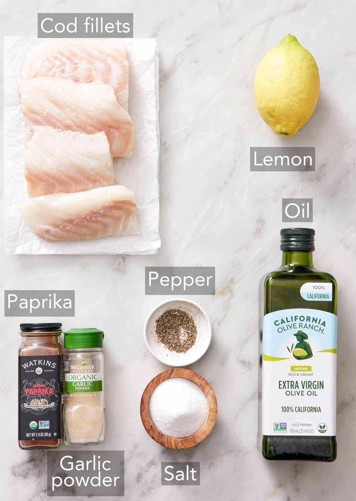 Ingredients needed to make air fryer cod.