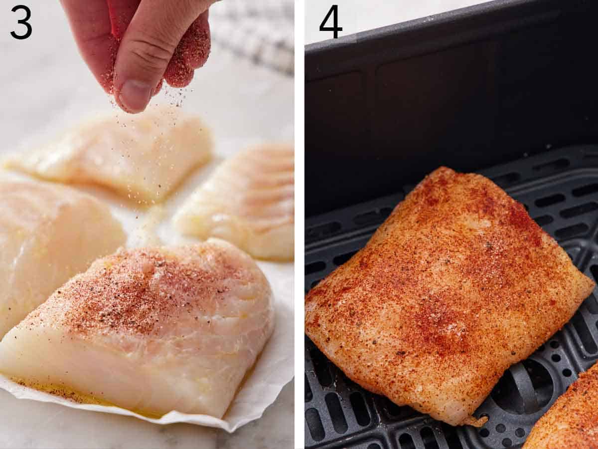 Set of two photos showing fillets seasoned and placed in an air fryer basket.