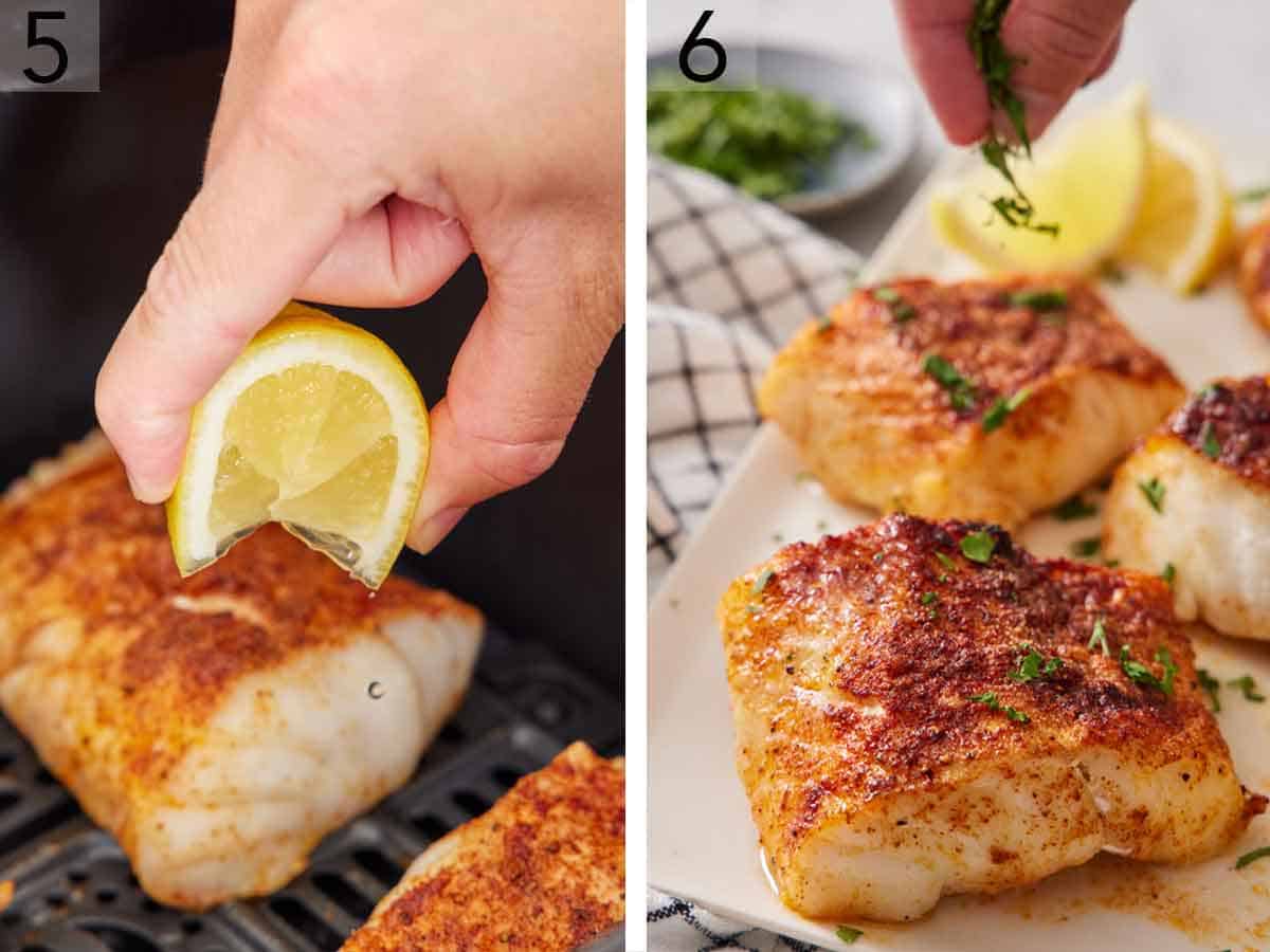 Set of two photos showing lemon wedge squeezed over the cod and garnished with parsley.