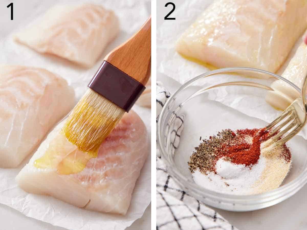 Set of two photos showing cod fillets brushed with oil and seasoning mixed.