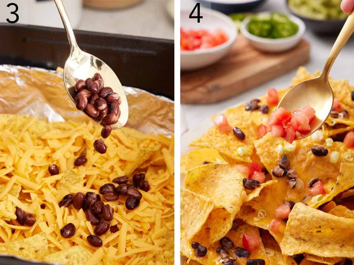 Set of two photos showing shredded cheese and black beans added to the tortilla chips in the basket then topped with chopped tomatoes once the cheese has melted.