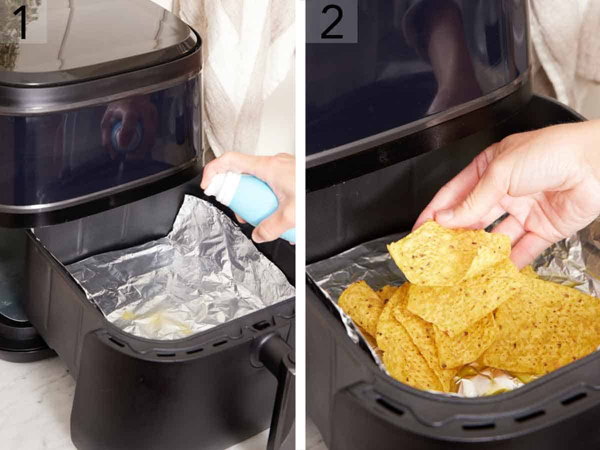 Set of two photos showing oil sprayed in a foil lined air fryer basket and tortilla chips added on top.