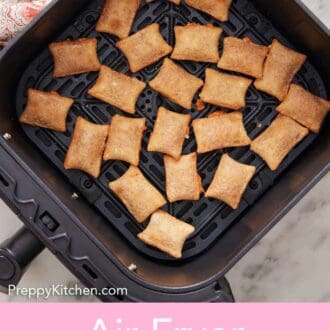 Pinterest graphic of an air fryer basket with pizza rolls.