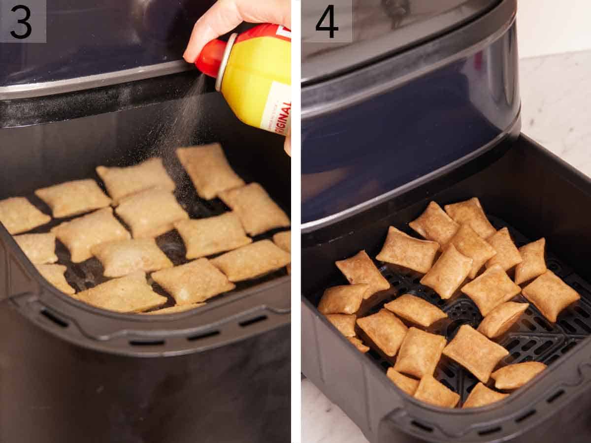 Set of two photos showing oil sprayed onto the pizza rolls and then the basket shaken.