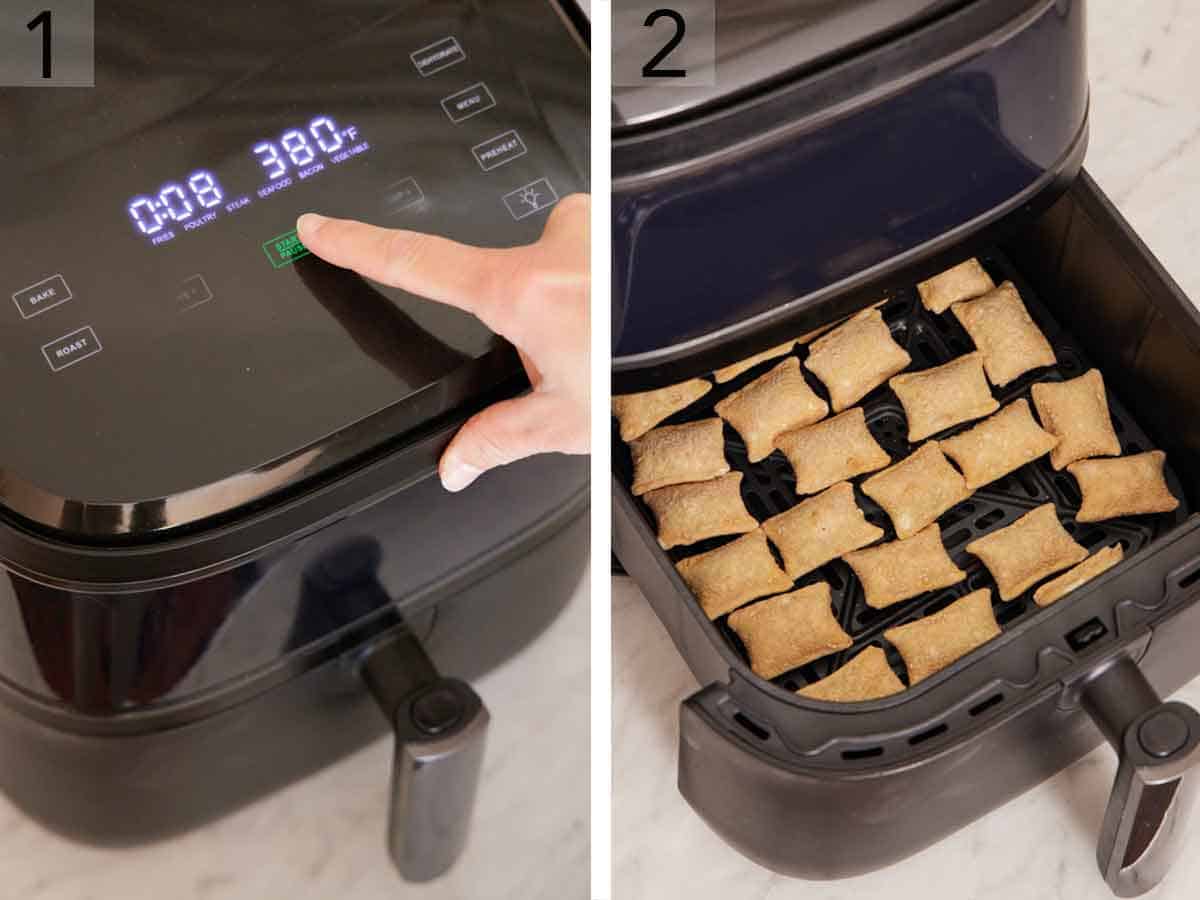 Set of two photos showing an air fryer preheated and pizza rolls added to the basket.