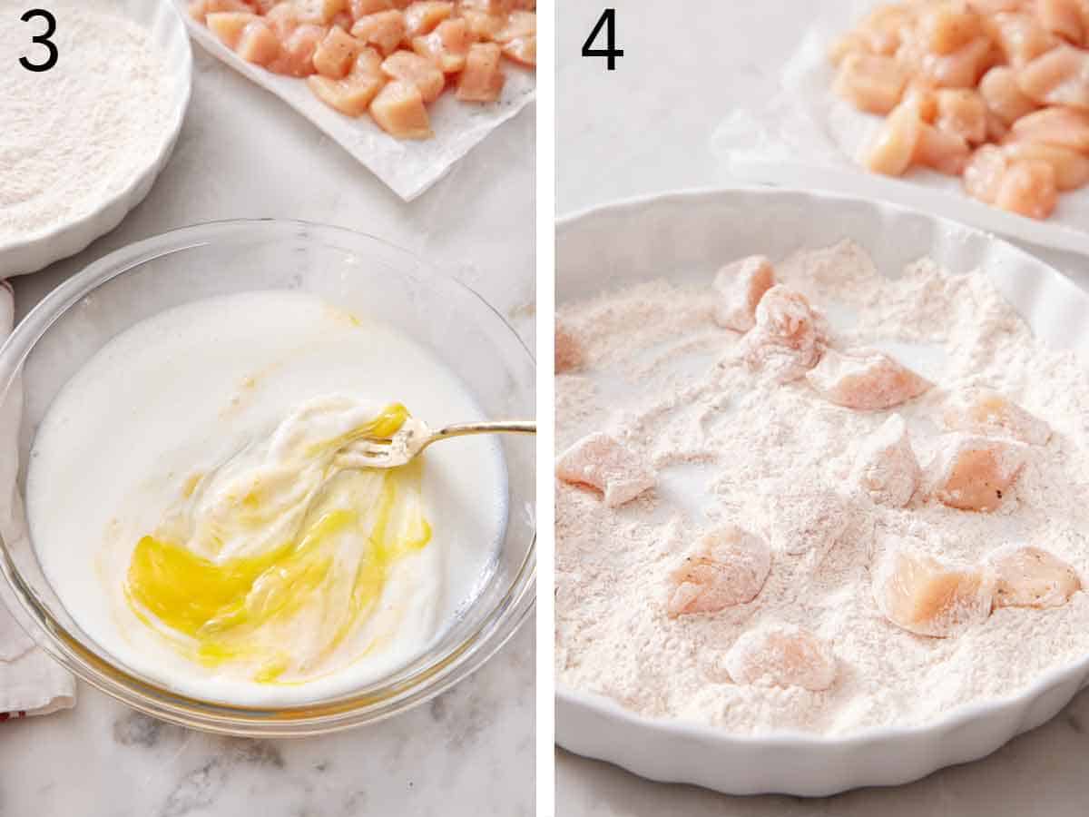 Set of two photos showing egg wash mixed together and cubed chicken coated in flour.