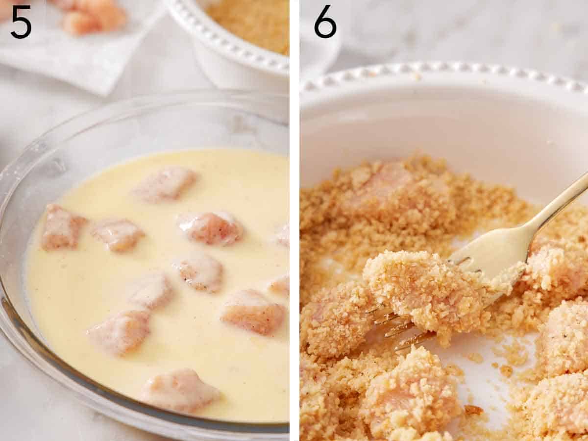 Set of two photos showing chicken added to the egg wash and then coated in breadcrumbs.