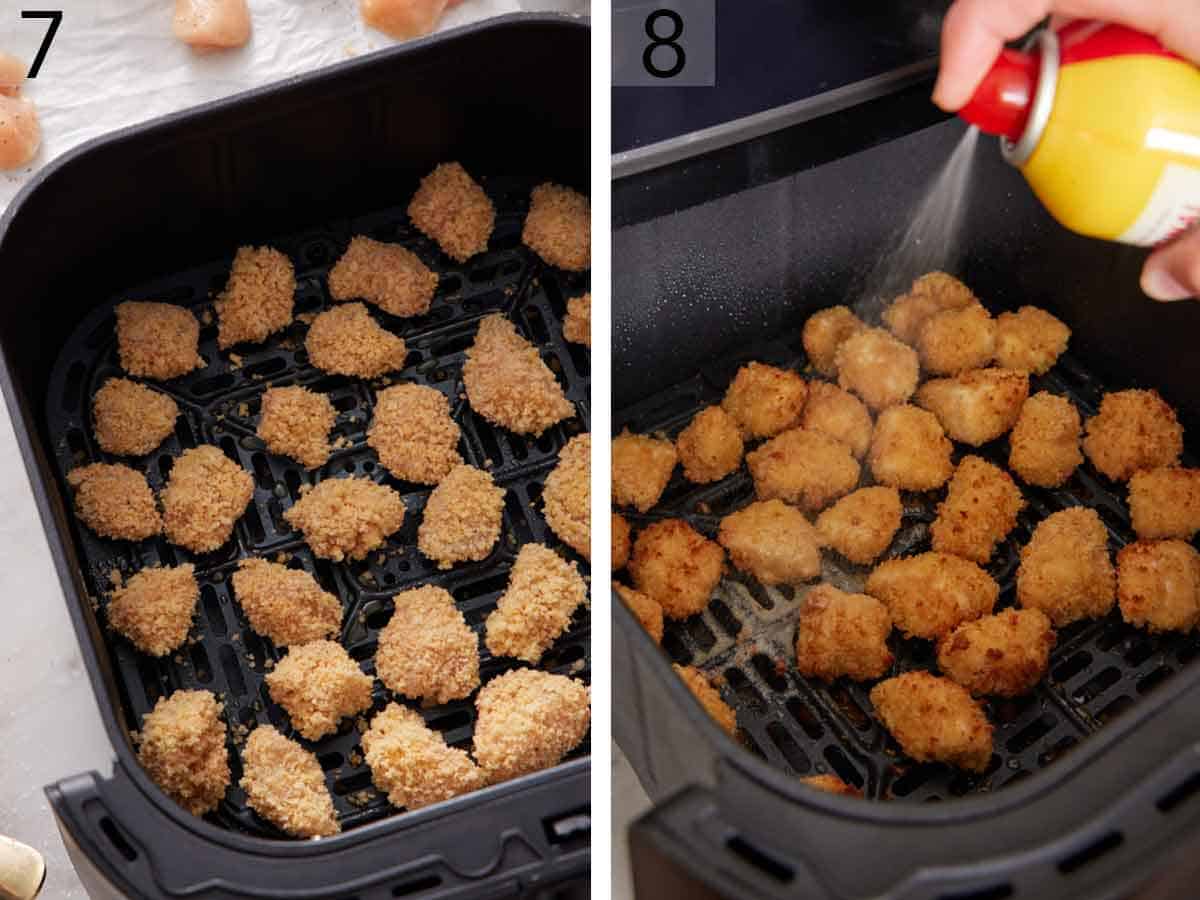 Set of two photos showing chicken added to the air fryer and sprayed with oil.