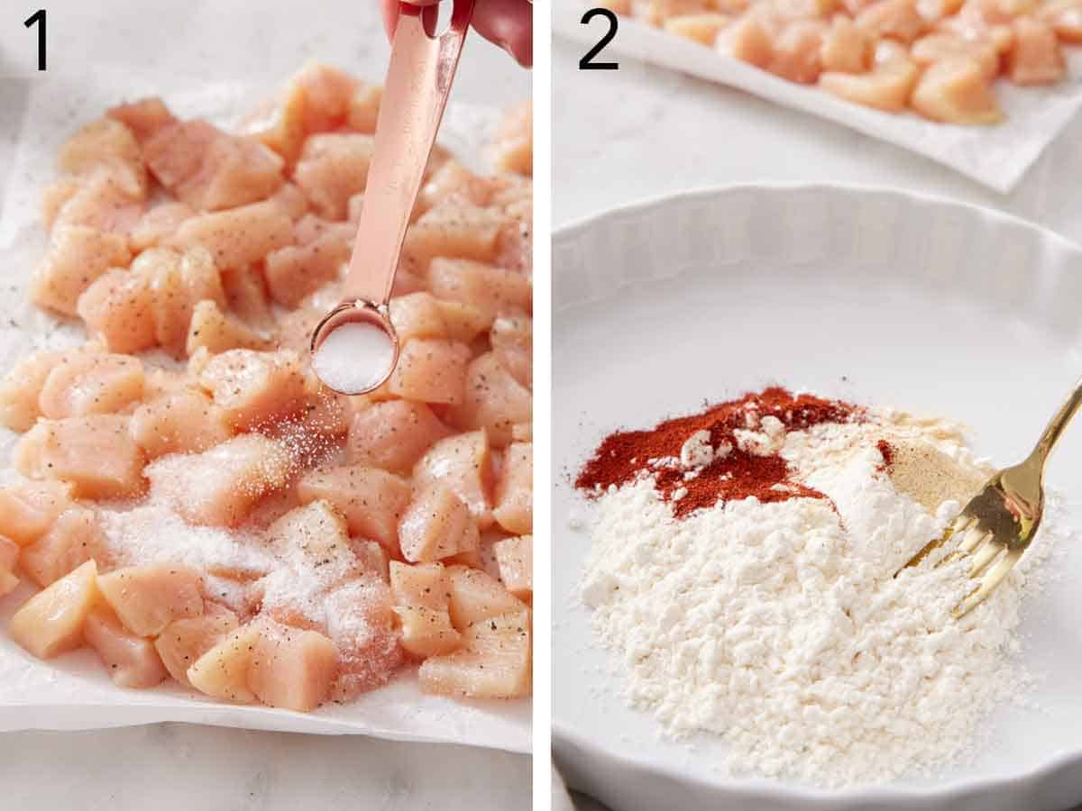 Set of two photos showing cubed chicken breasts seasoned with salt and pepper and flour mixed with garlic powder and paprika.