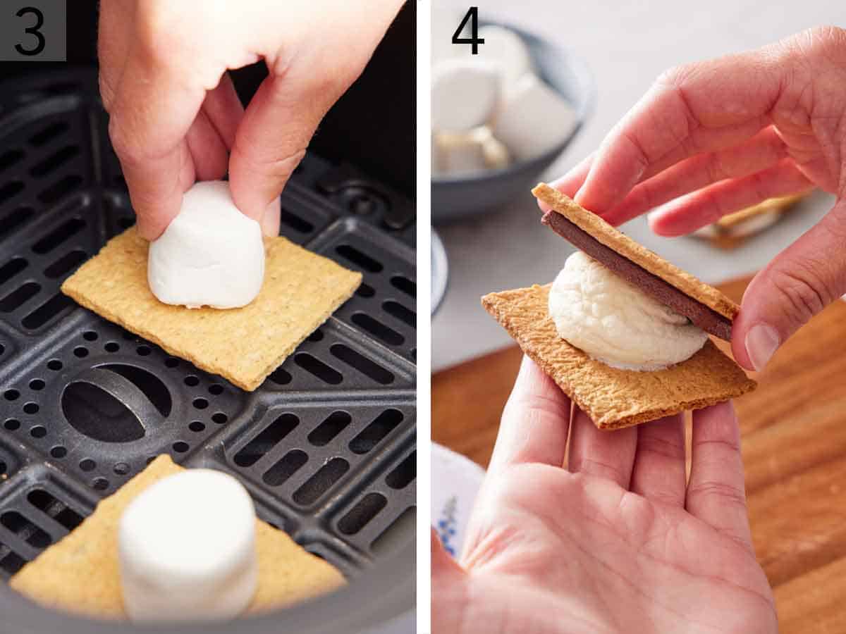 Set of two photos showing marshmallow pressed onto the graham cracker in the air fryer basket and then the s'mores assembled by being pressed together.