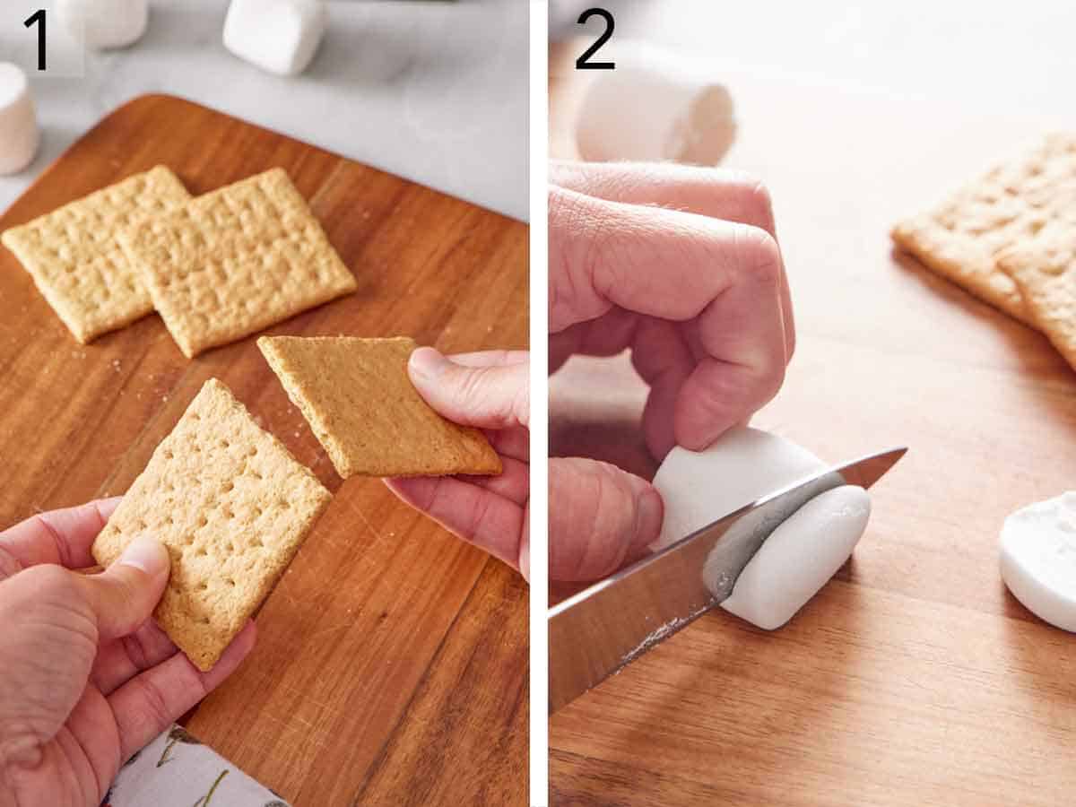 Set of two photos showing graham crackers broken into squares and marshmallows cut with a knife.