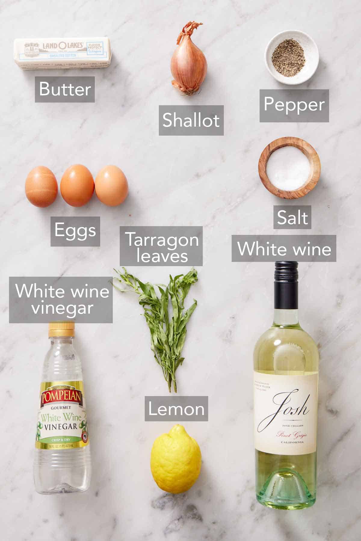 Ingredients needed to make béarnaise sauce.