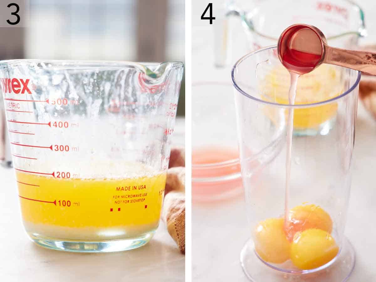 Set of two photos showing melted butter in a measuring cup and the vinegar reduction added to egg yolks.