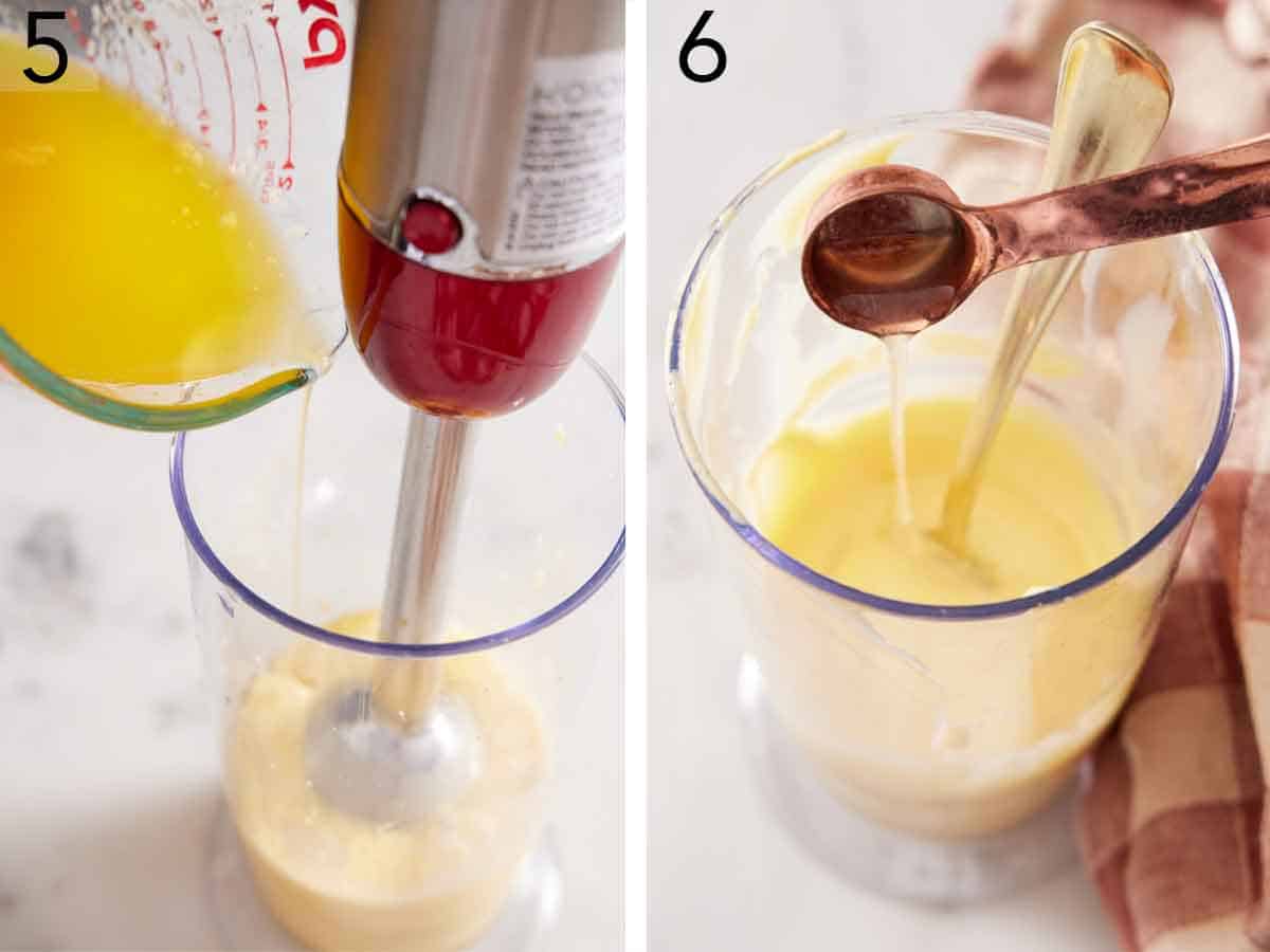 Set of two photos showing an immersion blender blending the egg yolks and butter drizzled in and lemon juice added to the sauce.