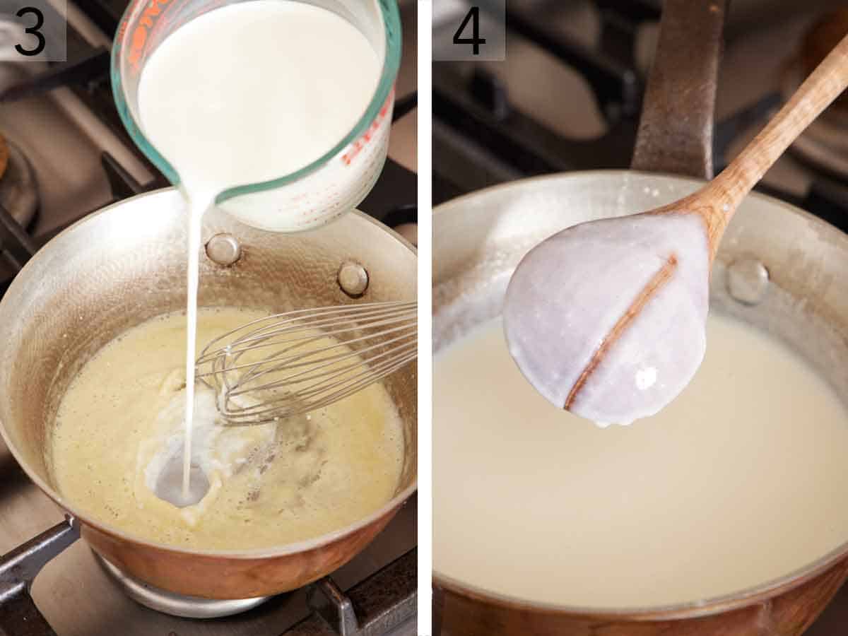 Set of two photos showing milk added to the pot and cooked until thickened.