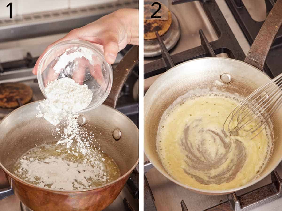 Set of two photos showing flour added to a pot of melted butter and whisked.