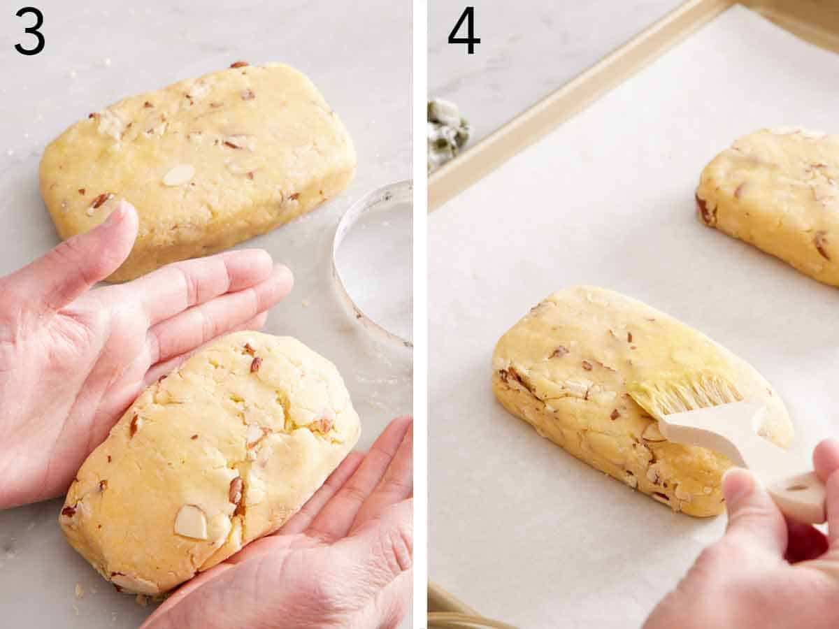 Set of two photos showing dough shaped into two rectangular logs and brushed with oil.