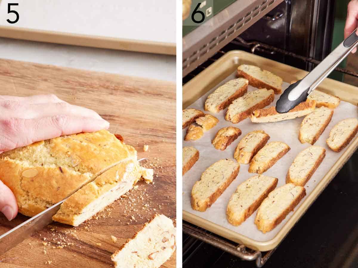 Set of two photos showing dough baked, sliced, and placed onto a sheet pan to bake again.