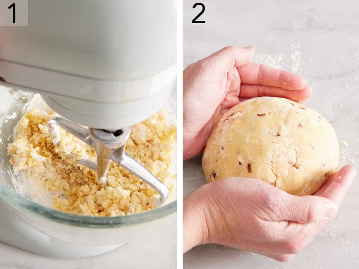 Set of two photos showing dough mixed in a mixer and shaped into a ball.