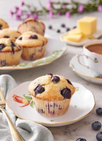 A plate with a single blueberry muffin. More muffins in the background on a platter with fresh blueberries scattered around with a cup of tea.