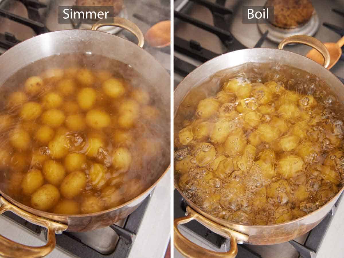 Two photos comparing simmering and boiling water with potatoes in a pot.