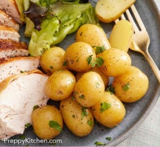 Pinterest graphic of an overhead view of close a plate of boiled potatoes with some mixed greens and chicken.