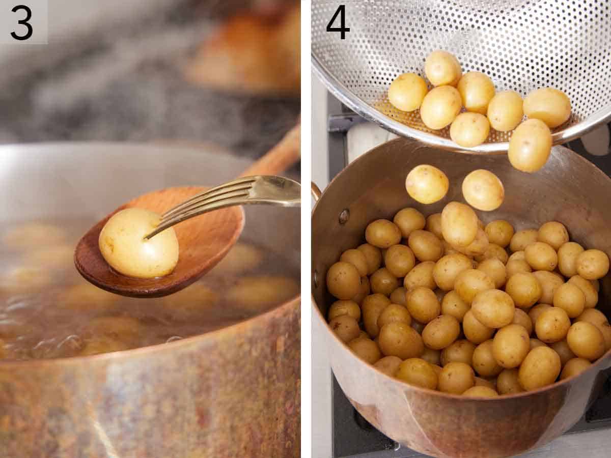 Set of two photos showing a baby potato checked for doneness with a for and then strained and added back to the pot.