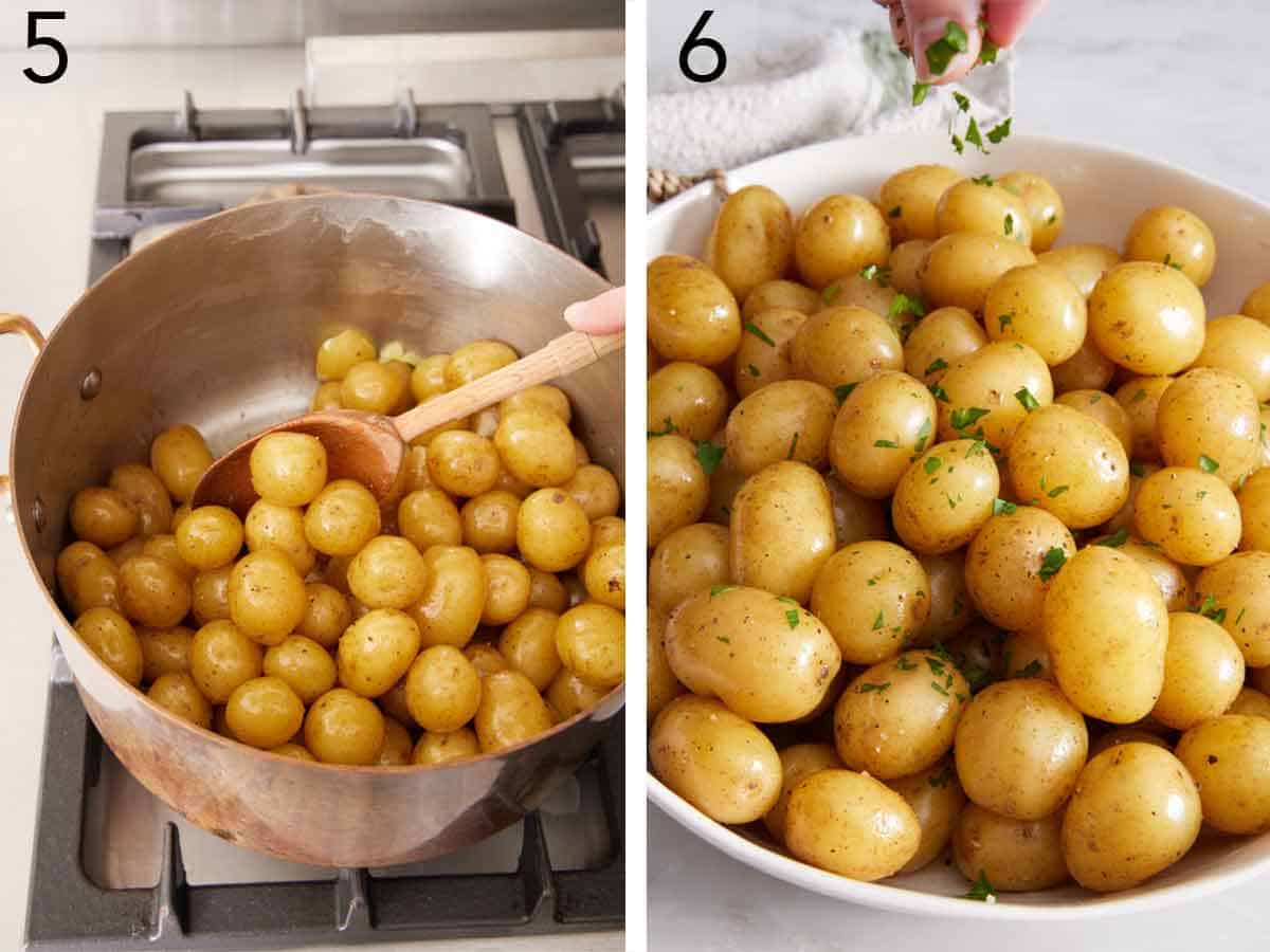 Set of two photos showing potatoes stirred and garnished.