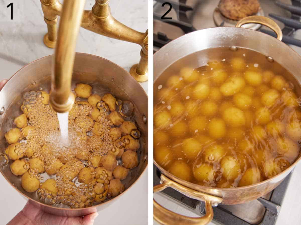 Set of two photos showing water added to a pot of potatoes and placed on the stovetop.