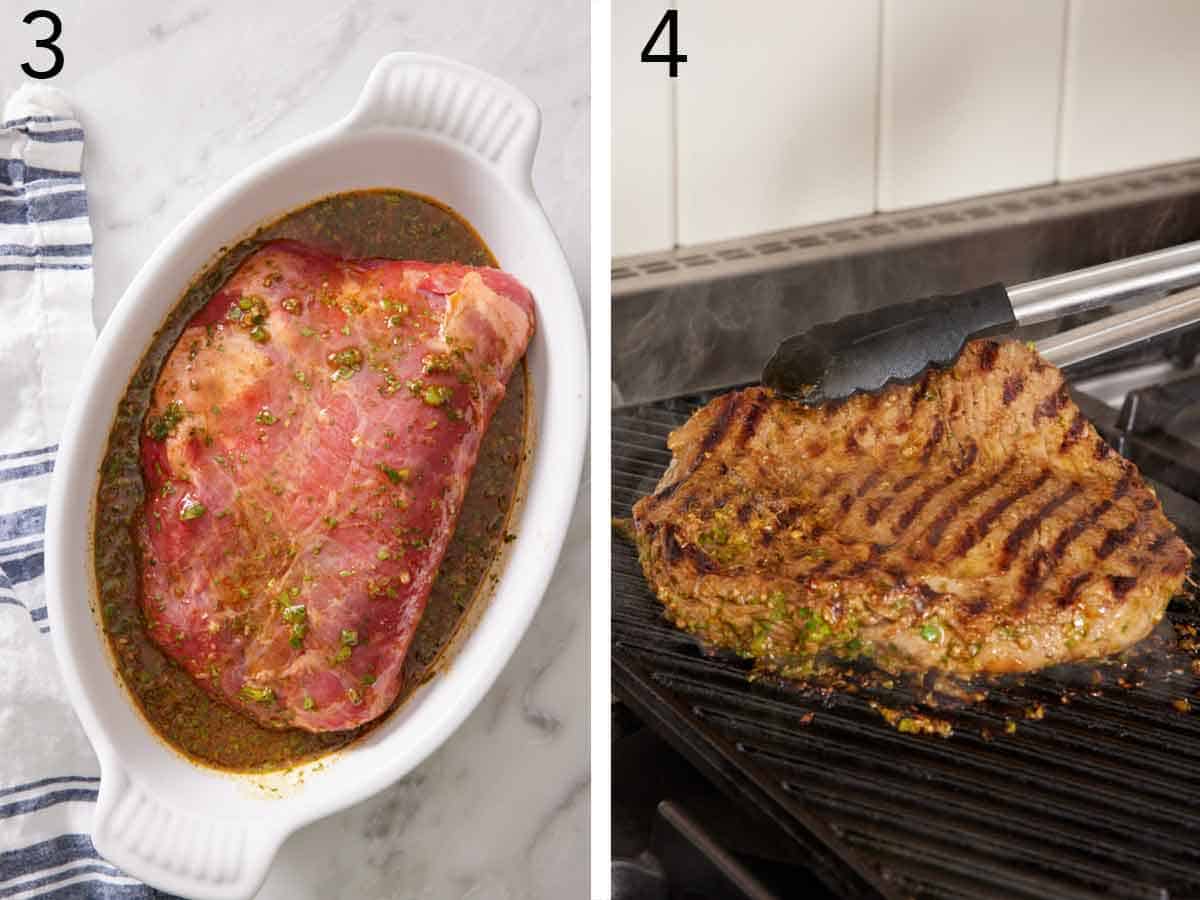 Set of two photos showing steak marinated in the mixed mixture and then grilled.