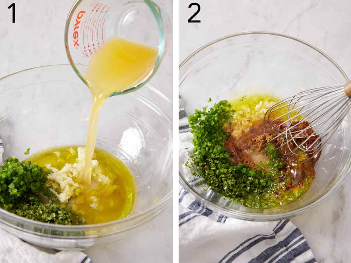 Set of two photos showing orange juice added to a bowl of minced garlic and cilantro then mixed with spices.