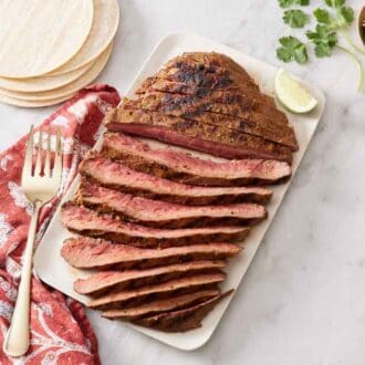 A platter with carne asada, sliced into long pieces against the grain with a lime wedge on the side. A fork, cilantro, tortillas, lime wedges, and sliced jalapeno on the side.